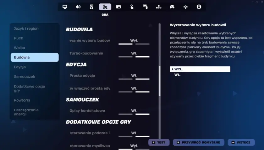 Ustawienia budowania w grze Fortnite na PlayStation. Możesz tu dostosować turbo-budowanie i edycję.