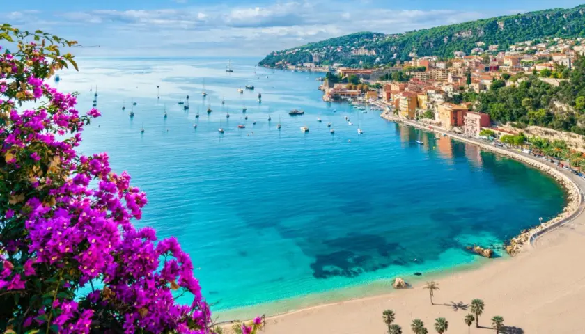Blick auf einen malerischen Strand in Frankreich mit türkisfarbenem Wasser, Segelbooten und einer Küstenstadt, umrahmt von leuchtend lila Bougainvillea.