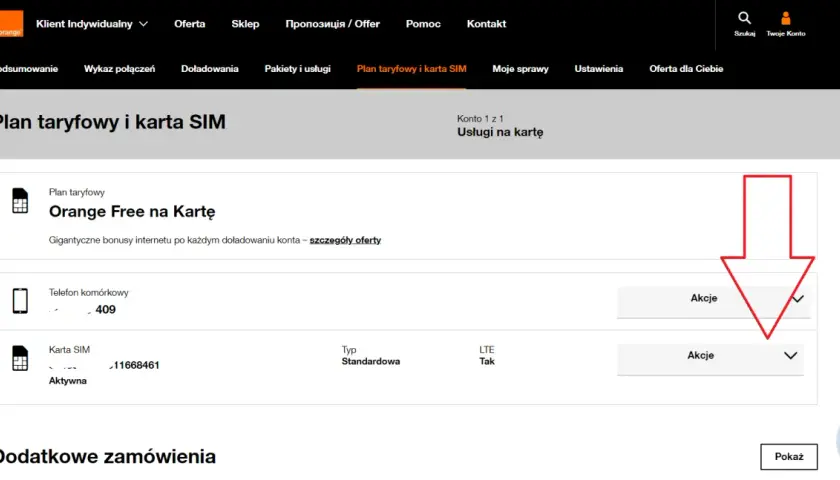 Na stronie Orange widać plan taryfowy "Orange Free na Kartę" oraz szczegóły karty SIM. Możliwe, że jest to duplikat karty SIM.