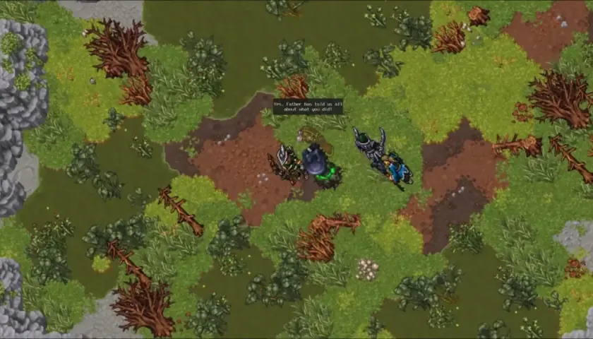 Postacie w darmowym mmorpg rozmawiają na leśnej polanie.