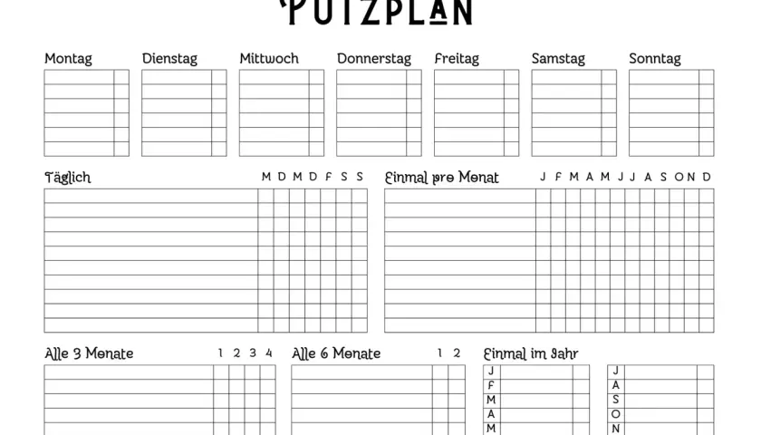Eine Putzplan Vorlage zum Abhaken für tägliche, wöchentliche, monatliche und jährliche Aufgaben.