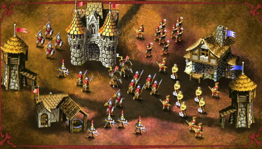 Scena z gry "Knights & Merchants: The Peasants Rebellion". Rycerze i chłopi szykują się do walki pod zamkiem i chatami.