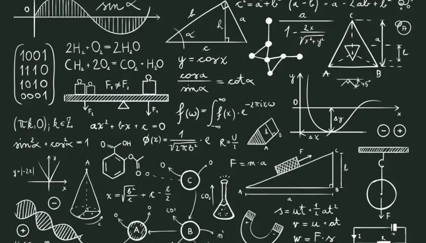 Tablica pełna wzorów matematycznych i fizycznych, od trygonometrii po mechanikę. Widać tu m.in. równania opisujące ruch, fale, a także wzory chemiczne. To wizualne przedstawienie tego, co to jest iloczyn w matematyce i jak wiele ma zastosowań.