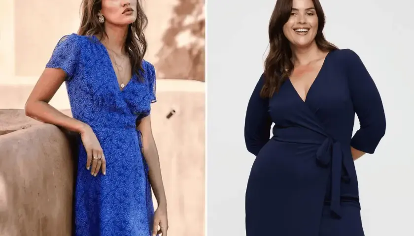 Deux femmes portent des robes portefeuille bleues. Celle de gauche, imprimée, semble s'ouvrir un peu trop. Celle de droite, unie, est plus couvrante.