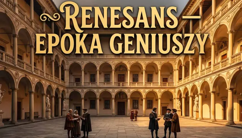 Renesans – epoka geniuszy. W renesansowym dziedzińcu artyści dyskutują o swoich dziełach, inspirując się pięknem architektury.
