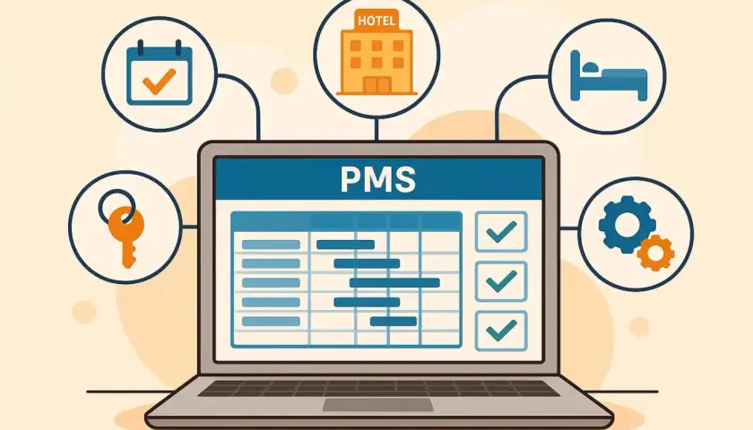 Un laptop mostra un diagramma di Gantt per la pianificazione di un hotel, con icone di calendario, chiave, letto e ingranaggi.