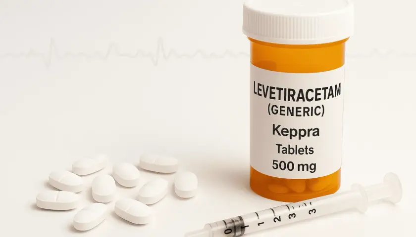 Tabletki Levetiracetam (Keppra) 500 mg, strzykawka i garść tabletek. W tle linia EKG, symbolizująca troskę o zdrowie.