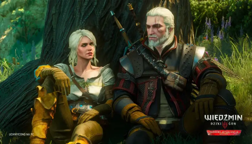 Geralt i Ciri odpoczywają pod drzewem. Zapowiedź darmowej aktualizacji Wiedźmin 3 Nowy Dodatek.