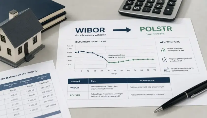 Wykres pokazuje zmianę raty kredytu z WIBOR na POLSTR. Kredyt hipoteczny z WIBOR był zmienny, nowy wskaźnik POLSTR zapewnia stabilność.