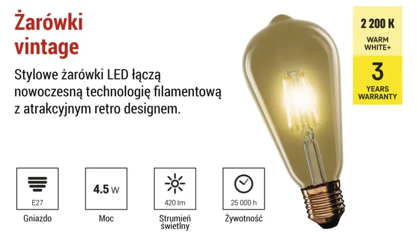 Stylowa żarówka vintage z technologią filamentową. Dowiedz się, filament co to – to nowoczesne rozwiązanie w retro stylu. 4.5W, 420 lm, 25 000 h.
