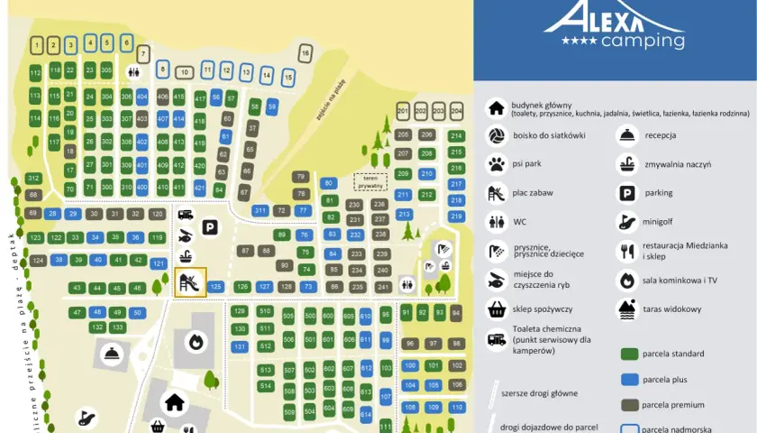 Mapa kempingu Alexa. Znajdź idealne miejsce na wakacje nad morzem. Sprawdź ceny i dostępność parceli.
