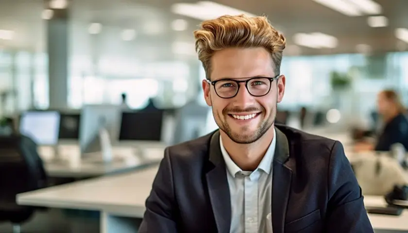 Ein junger Mann mit Brille und Bart lächelt in die Kamera. Er trägt einen Anzug und sitzt in einem Büro. Er könnte gerade mit 40 Jahren studieren und seine Karriere neu starten.