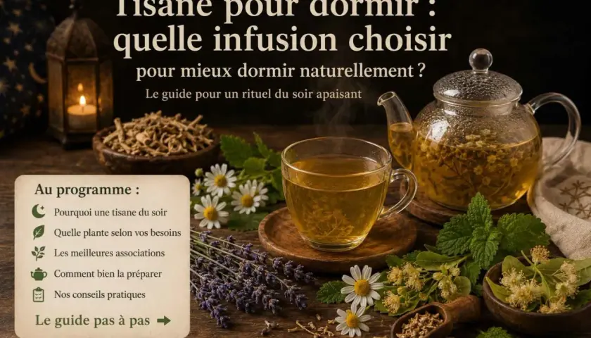 Un rituel apaisant pour mieux dormir : une tasse fumante de tisane, entourée de lavande, camomille et menthe. Le guide pour choisir la meilleure infusion le soir.