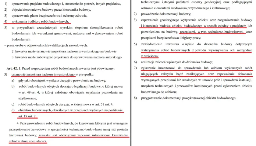 Fragment tekstu prawnego dotyczący obowiązków inwestora i kierownika budowy.