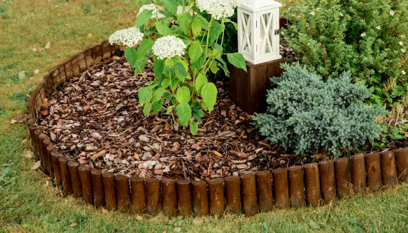 Natürliche beeteinfassung ideen: Holzrundlinge grenzen ein Blumenbeet mit Hortensien und Ziergräsern ab.