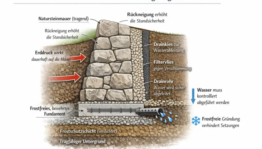So baut man eine stabile Gartenmauer aus Naturstein: Mit Rückneigung, Drainagesystem und frostfreiem Fundament für Langlebigkeit.