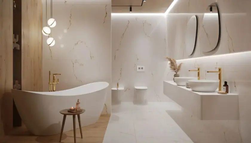 Elegancka łazienka z wanną wolnostojącą i podwójną umywalką. Ściany i podłoga wykończone płytkami gresowymi imitującymi marmur. Złote baterie i oświetlenie dodają luksusu.