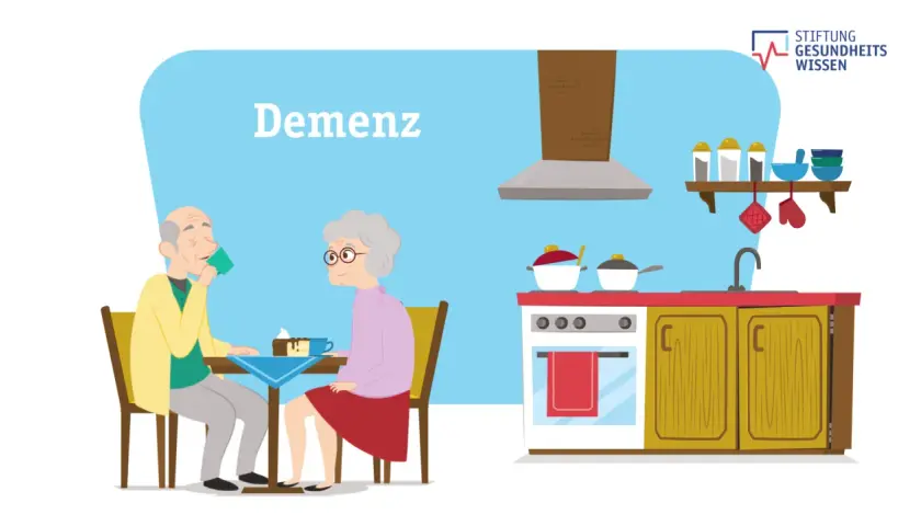 Älteres Paar im Gespräch, während im Hintergrund die Küche gezeigt wird. Die Frage, ob Demenz vererbbar ist, wird thematisiert.
