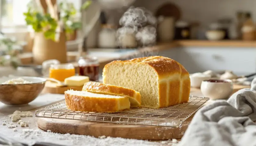 Un pain de mie doré et moelleux, encore chaud, est tranché sur une grille. Des pots de confiture et du beurre sont à proximité, prêts pour un petit-déjeuner gourmand.