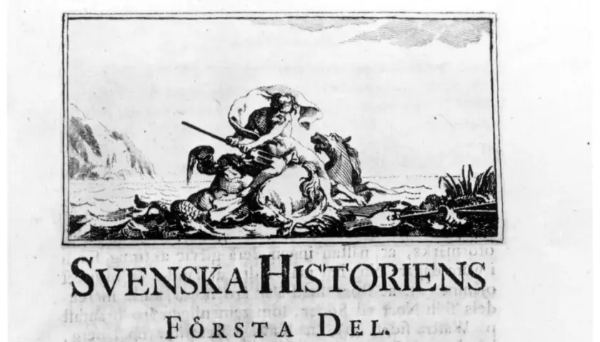 En mytisk scen med en havsgud på en häst som drar en vagn över vågorna, symboliserande Svea rikes historia.