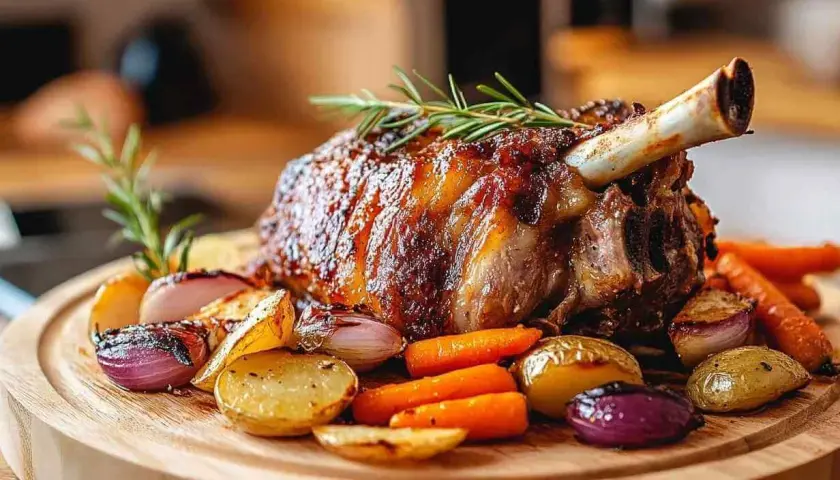 Un savoureux jarret de porc rôti, garni de romarin, servi avec des pommes de terre, des carottes et des oignons rouges sur une planche en bois.