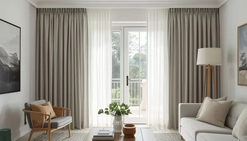 Elegant living room with floor-to-ceiling eyelet curtains framing a glass door, creating a soft, layered look.