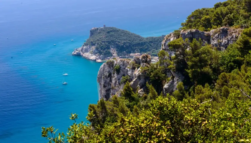 A stunning view of the Ligurian coast, with dramatic cliffs, lush green trees, and boats sailing on the turquoise sea.