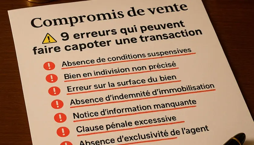 Liste des 9 erreurs à éviter pour un compromis de vente entre particuliers. Attention aux clauses suspensives, à l'indivision, à la surface, etc.