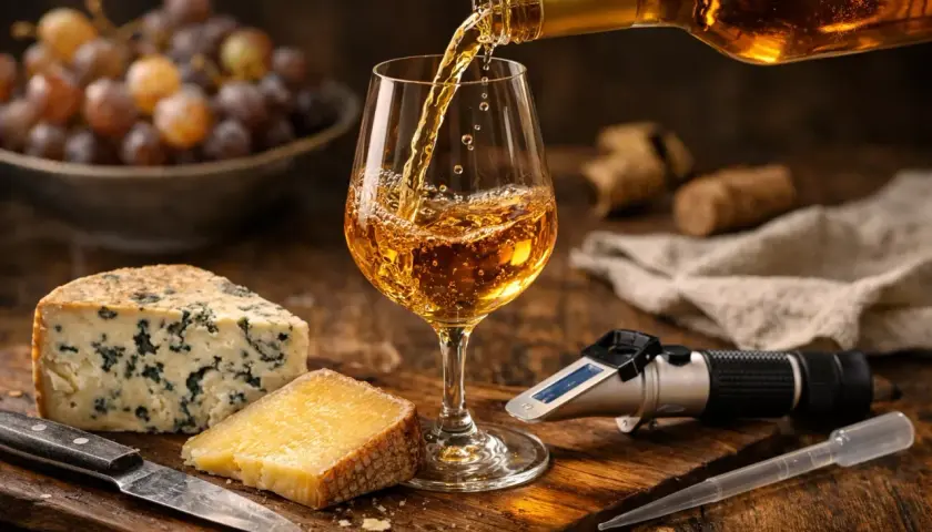 Vin doré versé dans un verre, accompagné de fromages et de raisins. Un réfractomètre suggère la mesure des coteaux du Layon sec ou moelleux.