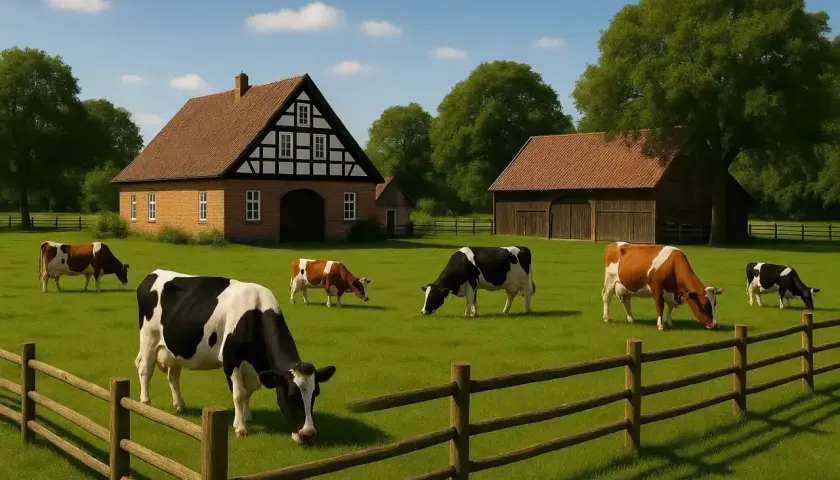 Kühe grasen auf einer grünen Wiese vor einem Fachwerkhof und einer Scheune. Idylle der **altenteiler landwirtschaft**.