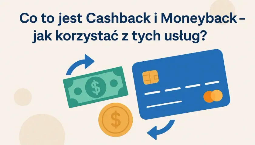 Czy cashback jest bezpieczny? Grafika pokazuje kartę płatniczą, banknot i monetę, symbolizując zwrot pieniędzy.