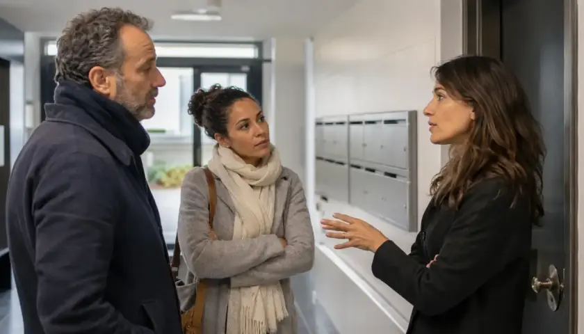 Un couple discute avec une voisine devant les boîtes aux lettres, visiblement un trouble anormal de voisinage.