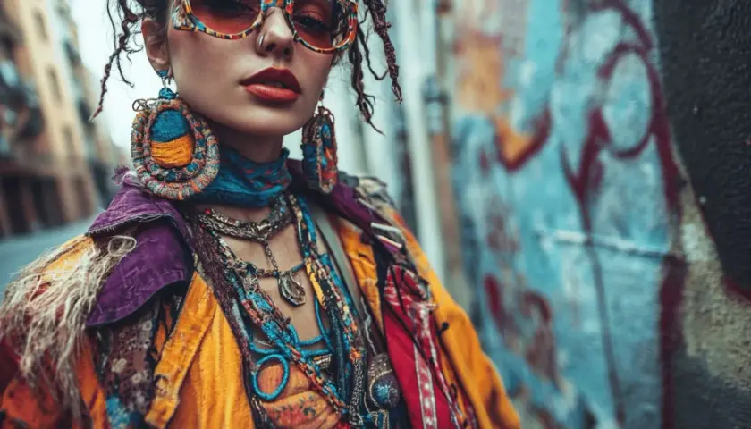 Une femme au style bohème audacieux, avec des lunettes colorées et de grosses boucles d'oreilles. C'est pas facile d'avoir du style, mais elle y arrive !