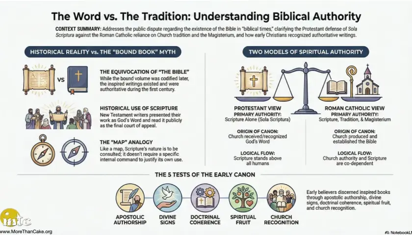 Grafika porównuje protestancką zasadę Sola Scriptura z katolicką tradycją i Magisterium, pokazując biblijną autorytet.