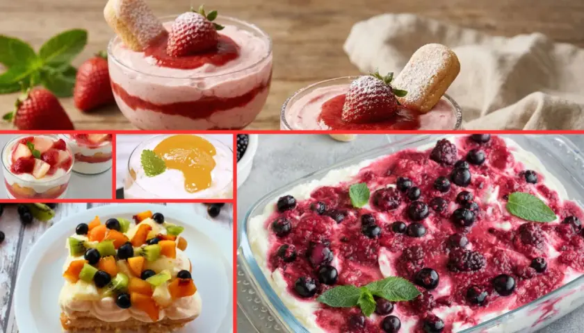 Collage di dolci leggeri per fine pasto: mousse di fragole, tiramisù alla frutta, torta con frutti di bosco e crema.