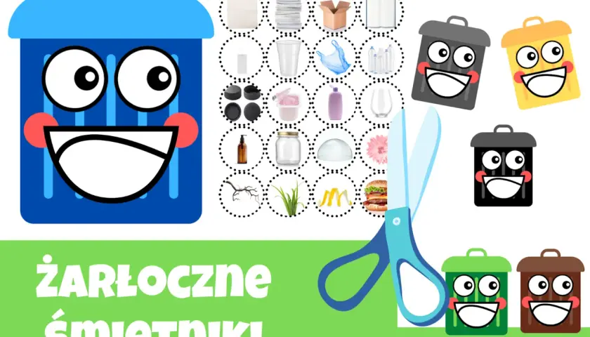 Kolorowe śmietniki i przedmioty do segregacji śmieci do druku. Naucz się, co wrzucić do którego kosza!
