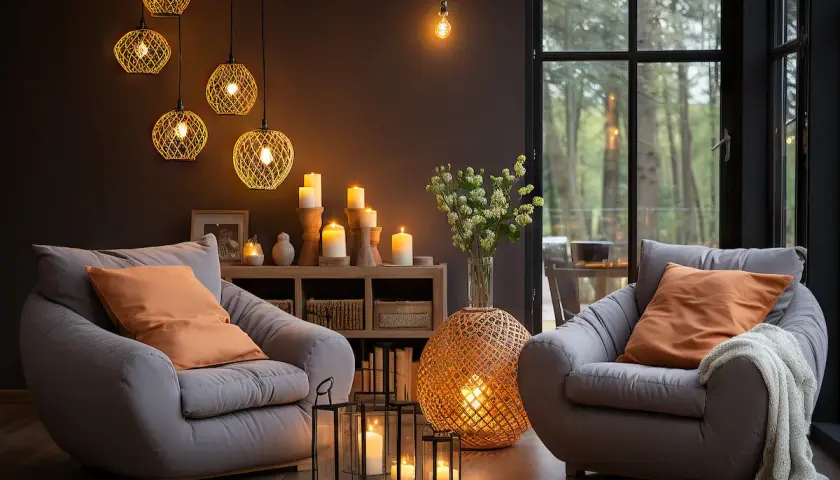 Dos sillones grises invitan al descanso junto a una chimenea de leña, creando una lámpara ambiente acogedora. Velas y luces cálidas iluminan la escena.