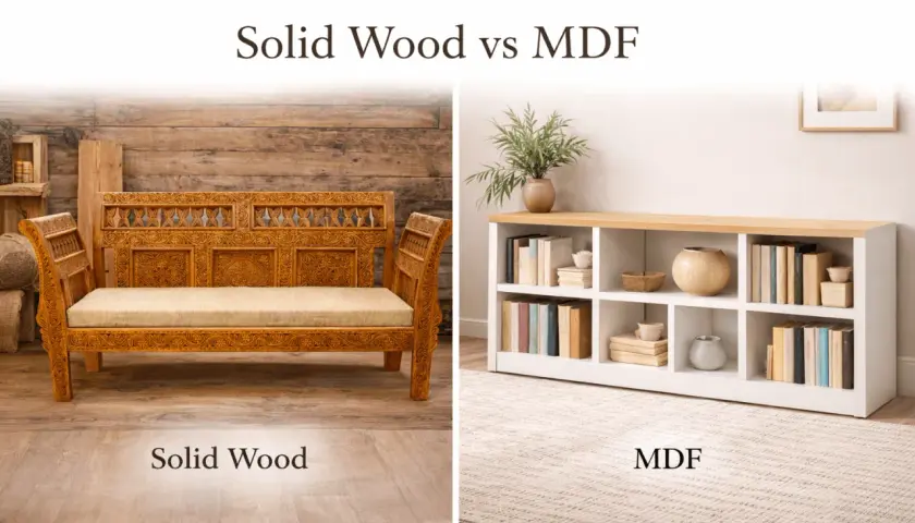 A carved solid wood bench sits on the left, contrasting with a modern white MDF shelving unit filled with books on the right.