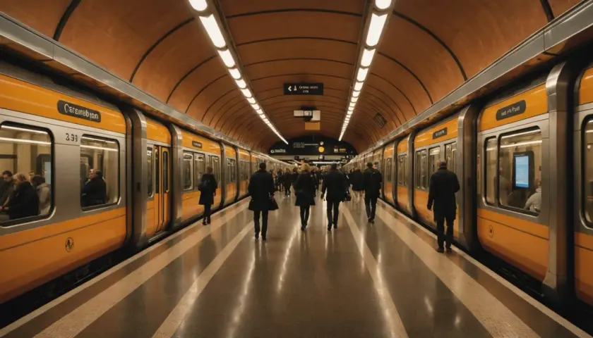 Voyagez dans le metro de Rome, avec ses trains jaunes et son architecture unique. Une scène animée de voyageurs.