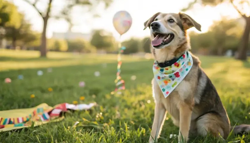 Perro feliz con pañuelo colorido celebra el día mundial del perro en un parque soleado, con un globo y confeti.