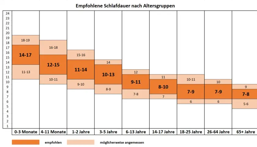 Empfohlene Schlafdauer nach Altersgruppen: Tabelle zeigt, wie viel Schlaf für verschiedene Altersgruppen optimal ist, von Babys bis Senioren.