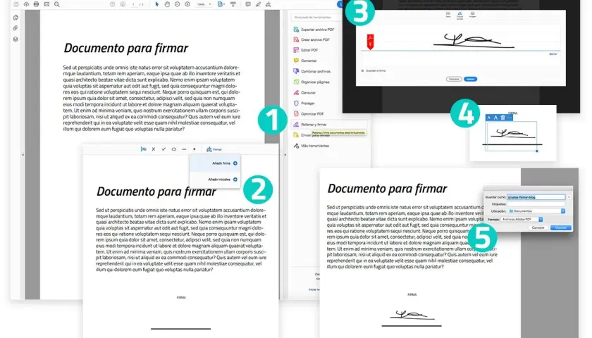 Proceso de firma digital en Adobe Acrobat Reader: se muestra cómo añadir firma y guardarla.
