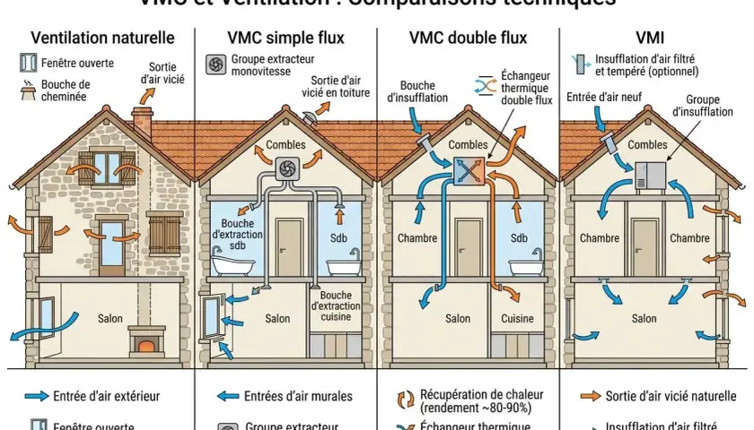 Schéma comparant 4 systèmes d'aération maison : naturelle, VMC simple flux, double flux et VMI.