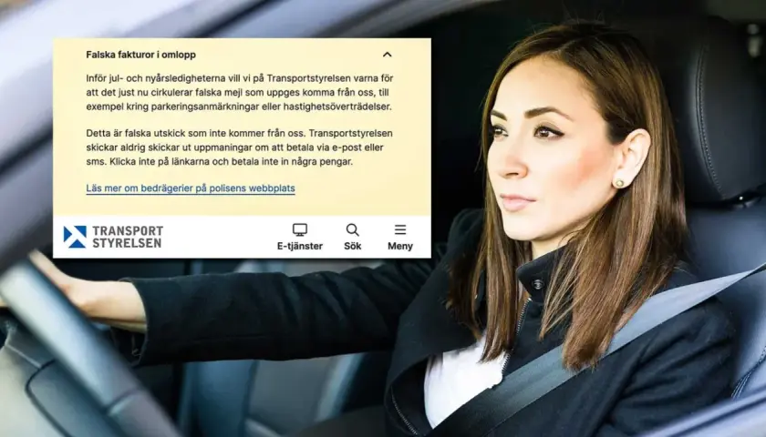 Kvinna i bil ser orolig ut när Transportstyrelsen varnar för falsk parkeringsbot via mejl. Betala aldrig via e-post eller sms.