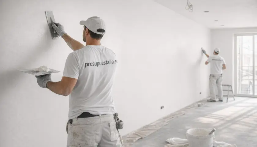Pintores aplican yeso a una pared. Se preguntan cuánto tarda en secar la perlita para continuar el trabajo.