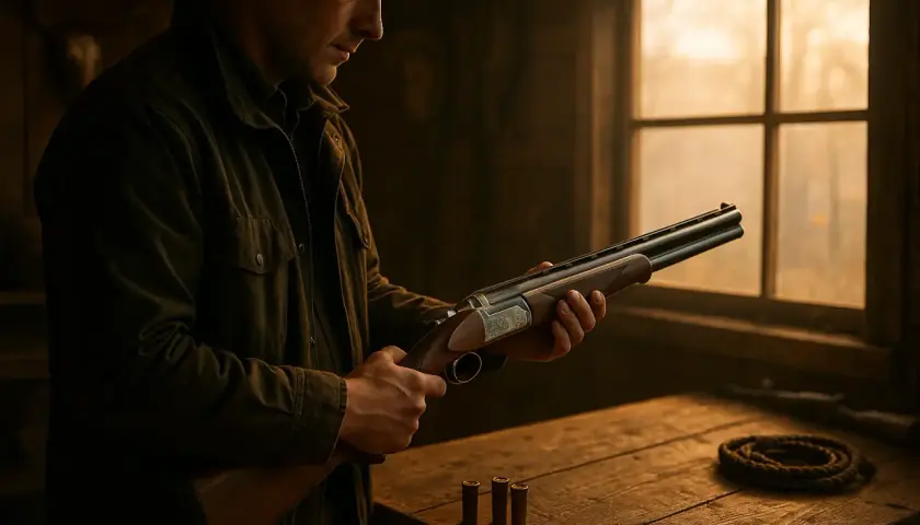 Un homme examine un fusil court en bois, prêt pour la chasse. Trois cartouches reposent sur la table rustique.