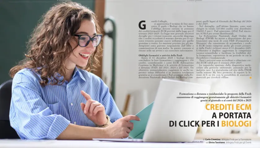 Giovane biologa sorride mentre consulta un tablet, con un testo sui crediti ECM per biologi in primo piano.