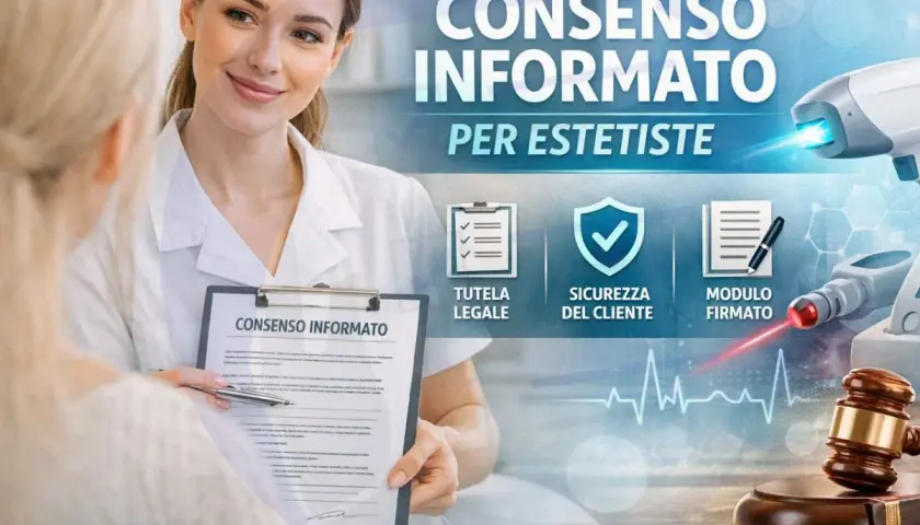 Estetista presenta un atto medico di consenso informato a una cliente. Sicurezza, tutela legale e modulo firmato.