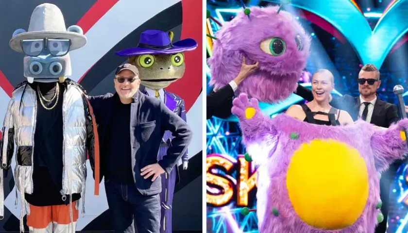 Masked Singer-deltagare i roliga dräkter, en man i hatt och en groda i kostym. På andra sidan en lila monsterdräkt med glada ansikten.