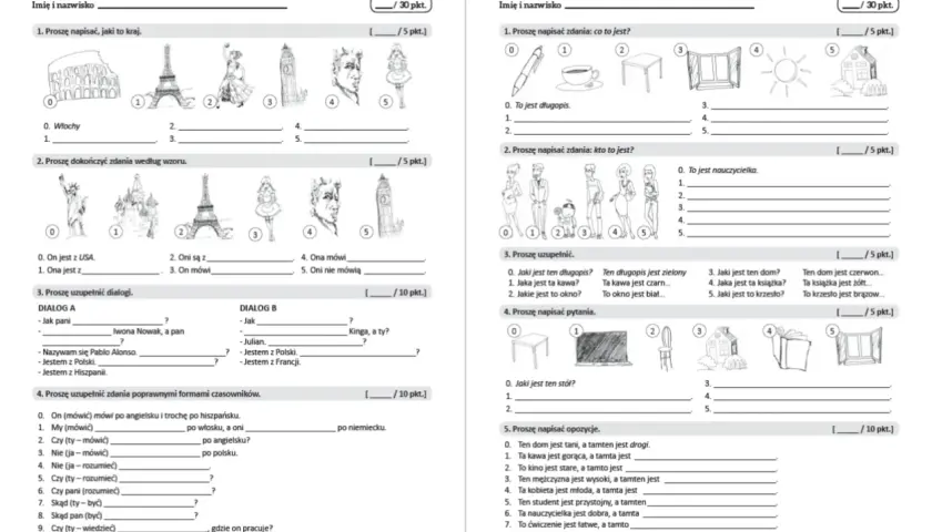 Zbiór rysunków przedstawia różne przedmioty i budowle, jak wieże, domy, meble, ludzi i zwierzęta, przypominające małe **trinkets** do nauki języka.